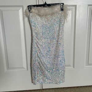 Windsor Strapless White Sequin Dress with Feather Detail